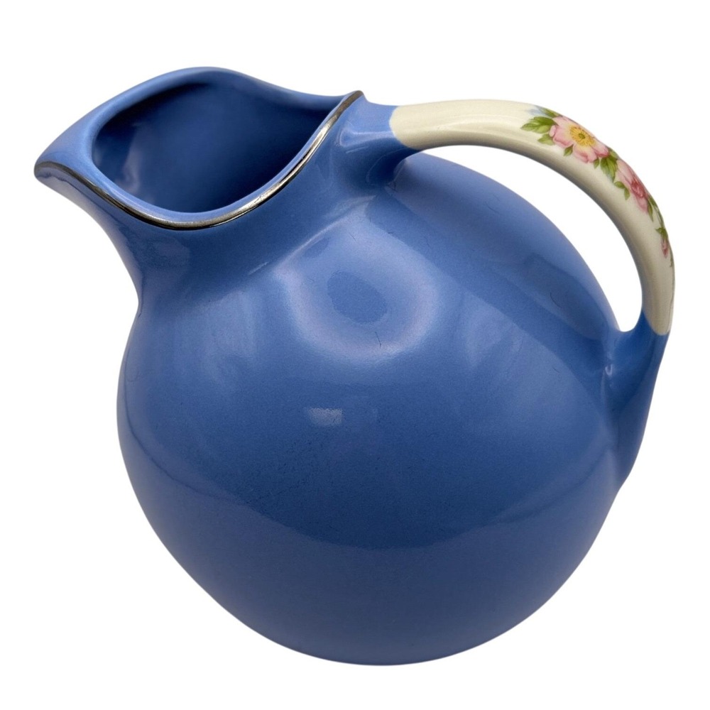 Vintage Hall China Royal Rose Cadet Blue Ball Jug Pitcher White Handle Cottage